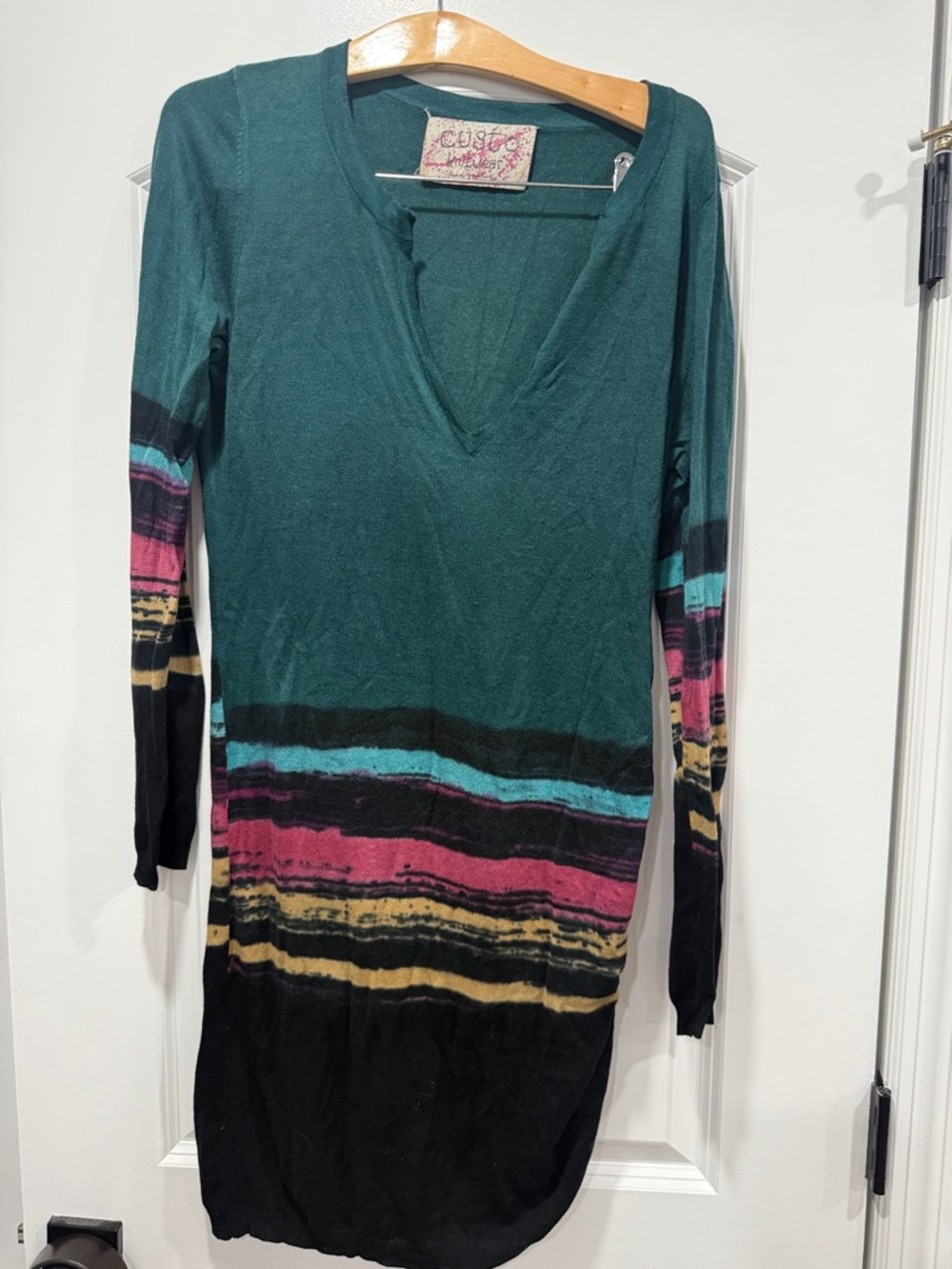 CUSTO Barcelona-Knit Teal Long-Sleeve V-Neck Dress/Tunic with Multicolor Stripes